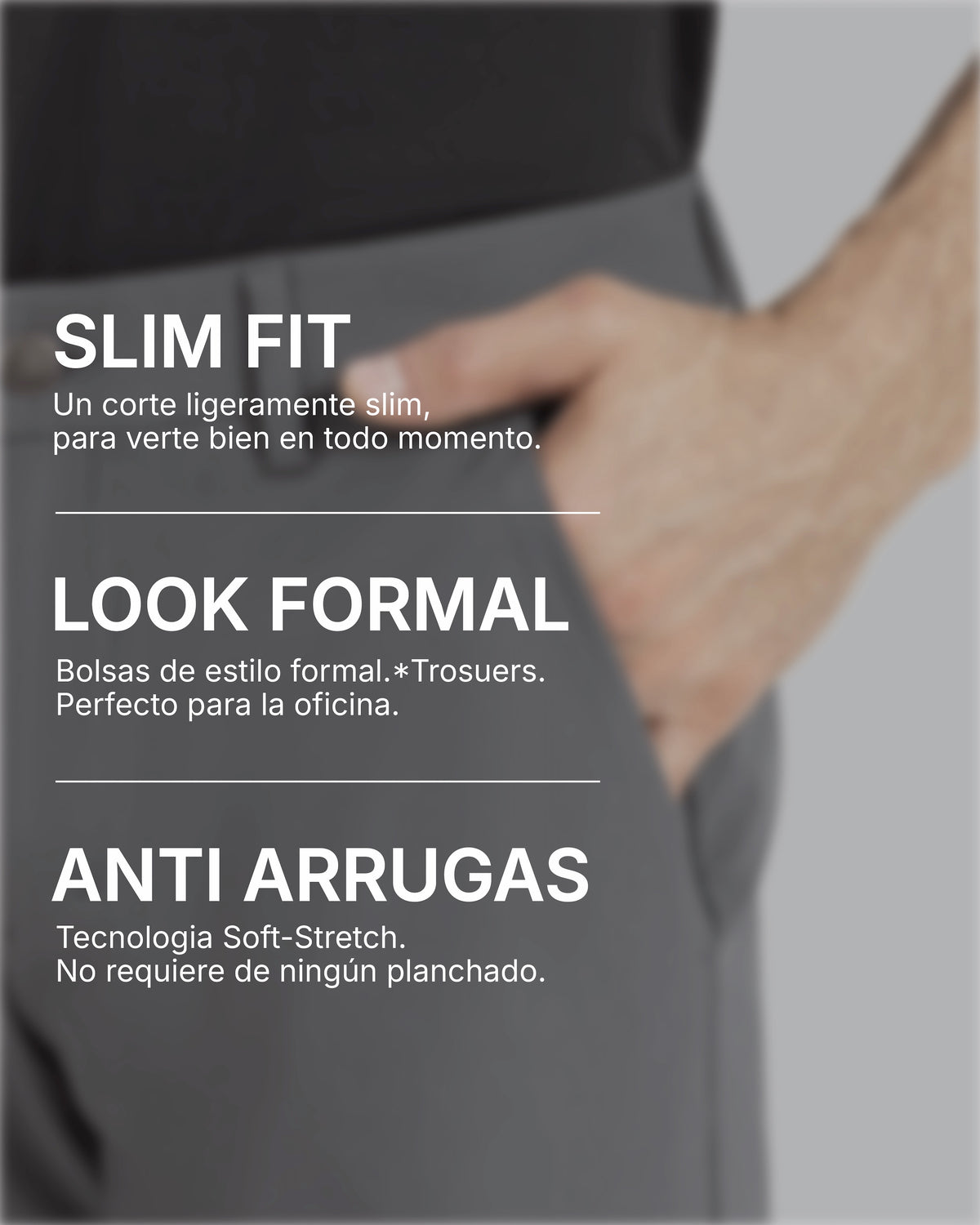 Pantalón gris oscuro slim fit para hombre, detalle de ajuste