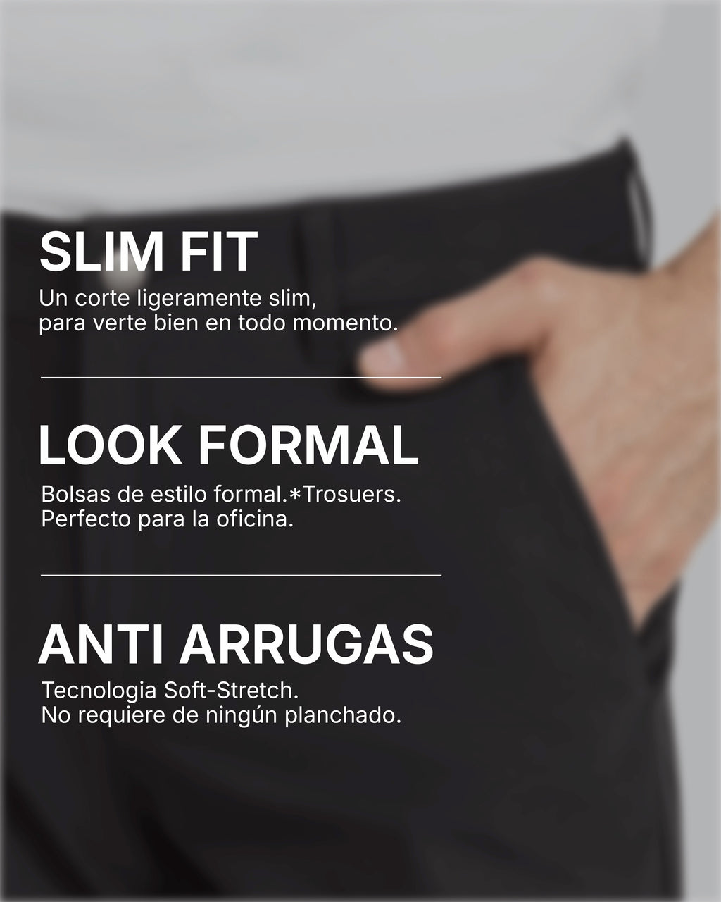 Pantalón negro slim fit para hombre, detalle de ajuste